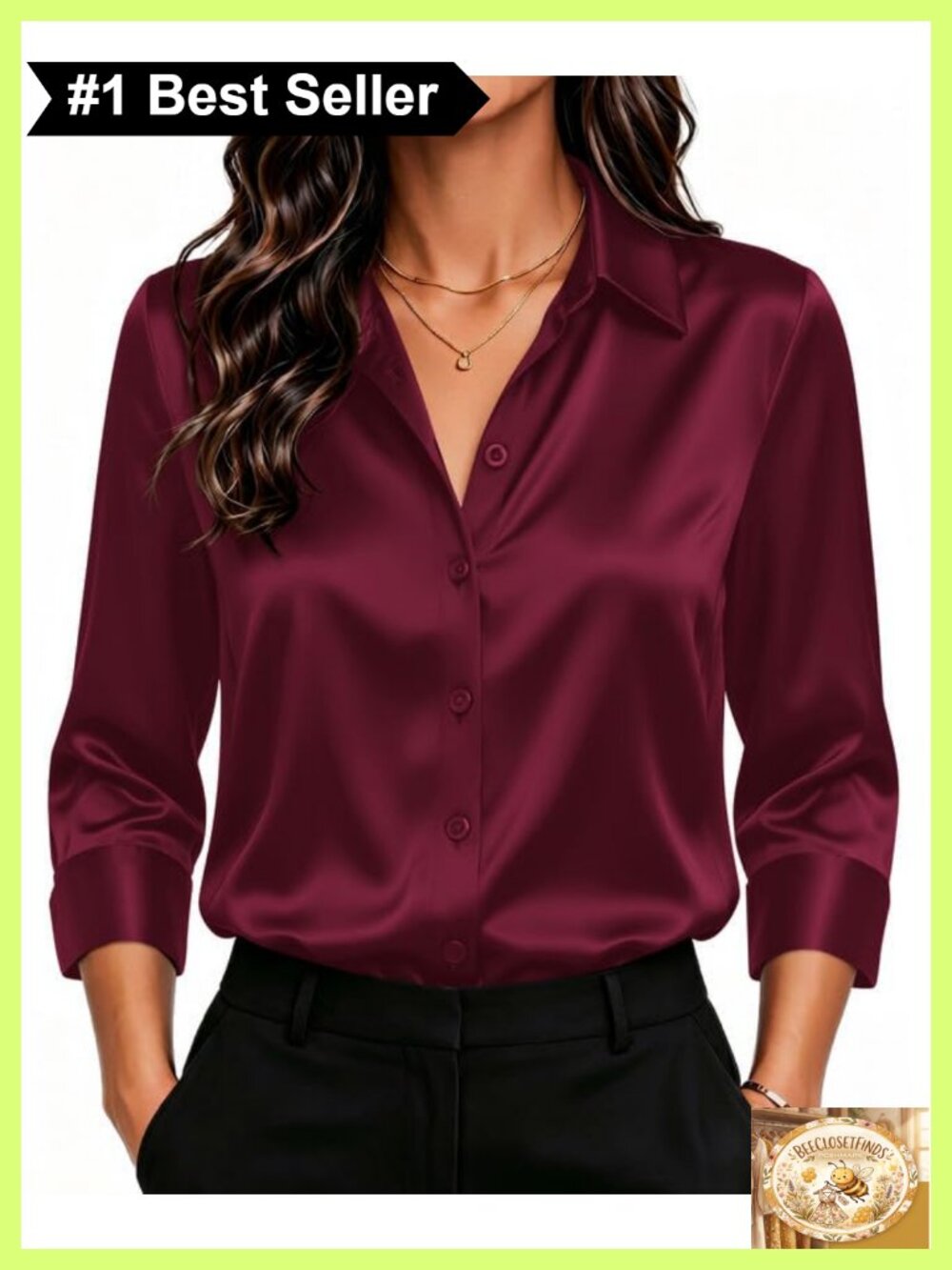 Satin Button Down Blouse 3/4 Sleeve Silk Blouse Tailored
